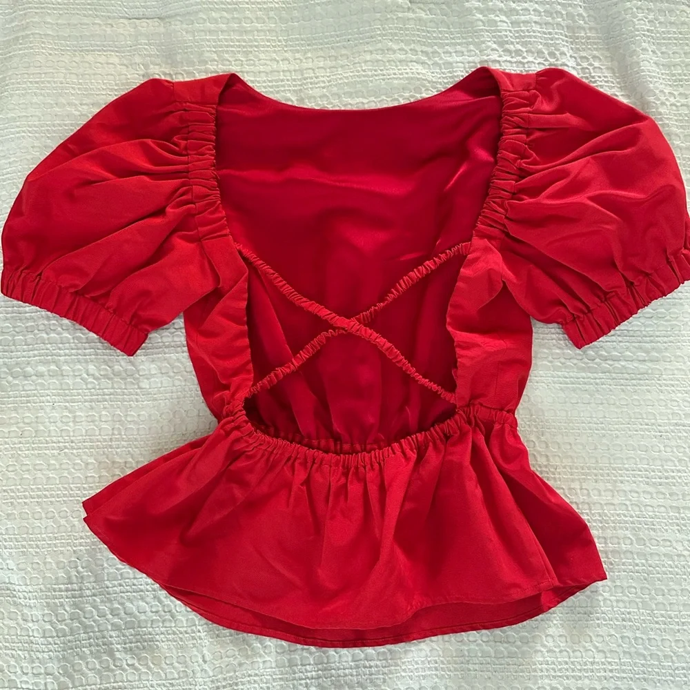 STAUD Red Puff Sleeve Peplum Blouse CrissCross Open Back Size Small